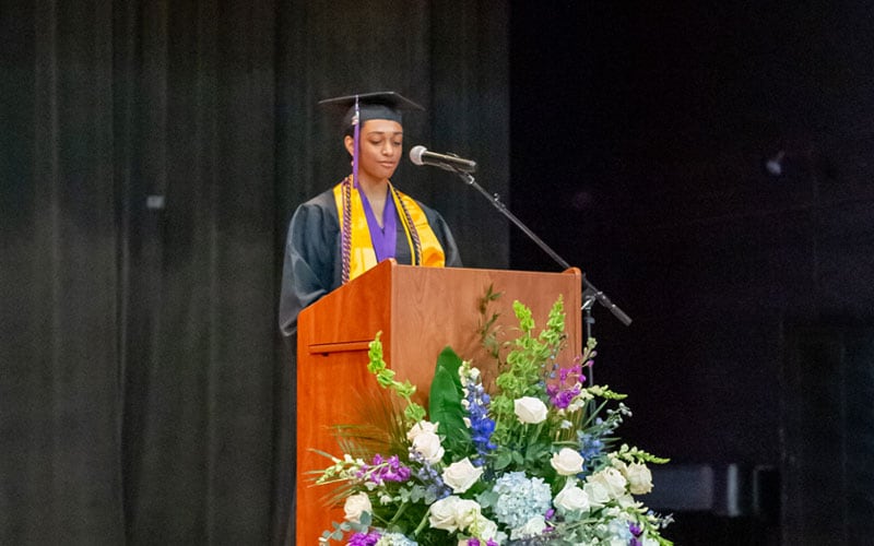 Alabama Connections Academy graduation, a graduate speaks to the crowd. 