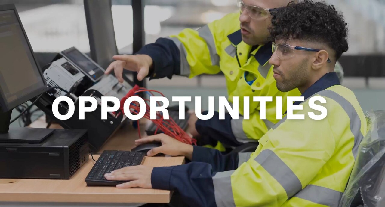 Opportunities graphic image with two people in yellow coats working in electronics