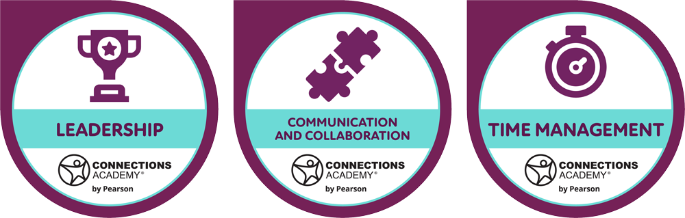 Leadership, Communication and Collaboration, Time Management Credly Badges